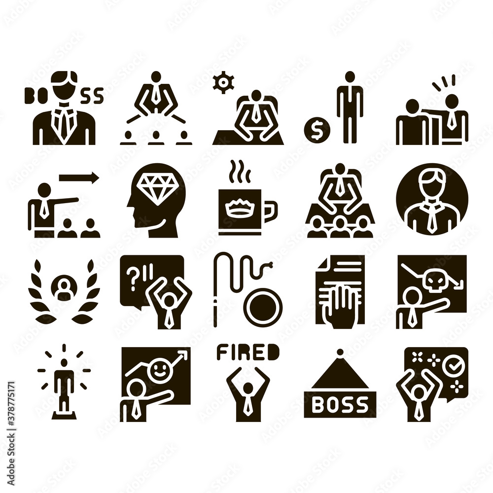 Boss Leader Company Glyph Set Vector Thin Line. Boss On Tablet And Cup With Crown, Meeting And Presentation, Fired And Document Glyph Pictograms Black Illustrations Boss Leader Company Glyph Set Vector Thin Line. Boss On Tablet And Cup With Crown, Meeting And Presentation, Fired And Document Glyph Pictograms Black Illustrations
