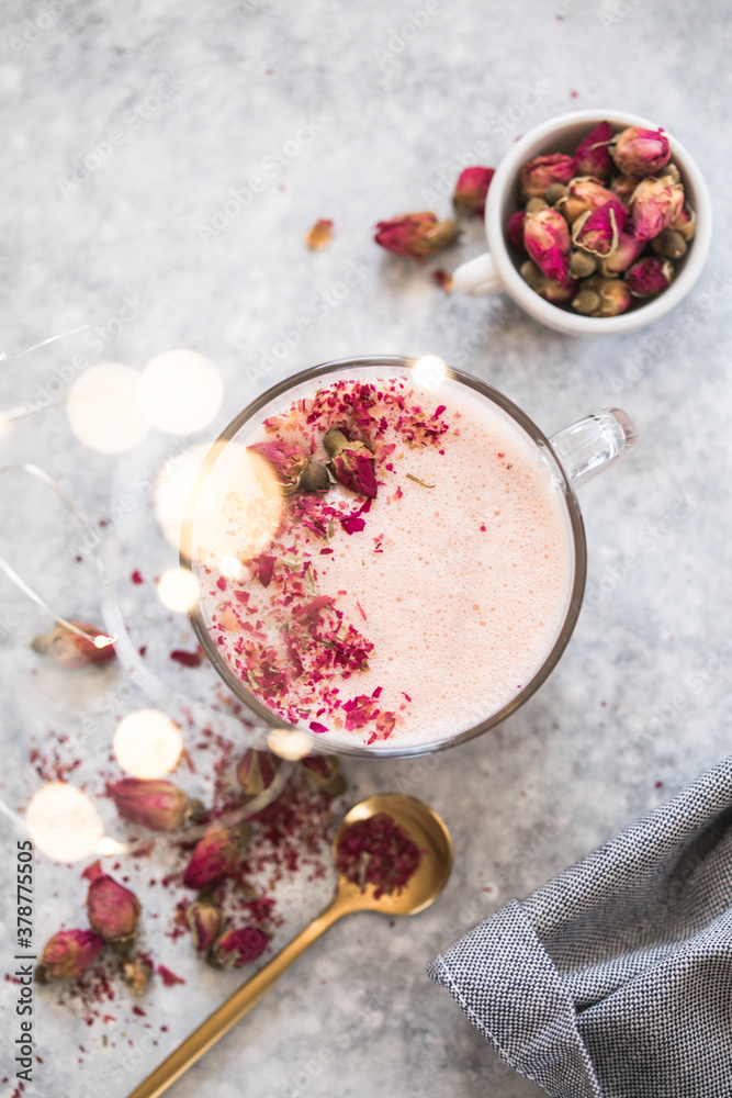 Pink matcha latte with milk. Trendy beverage. Christmas drink Pink matcha latte with milk. Trendy beverage. Christmas drink