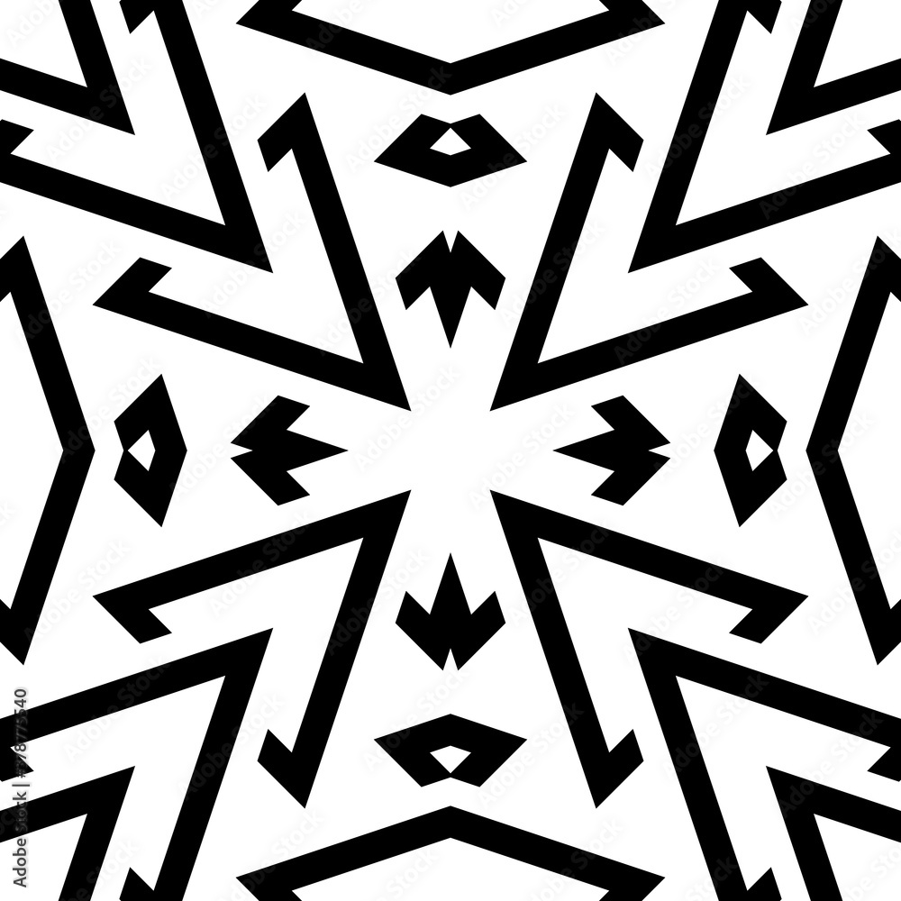 Black figures on white background. Ethnic ornament. Repeated symmetrical shapes wallpaper. Seamless ornamental pattern surface design. Digital paper for page fill, web designing, textile print. Vector Black figures on white background. Ethnic ornament. Repeated symmetrical shapes wallpaper. Seamless ornamental pattern surface design. Digital paper for page fill, web designing, textile print. Vector