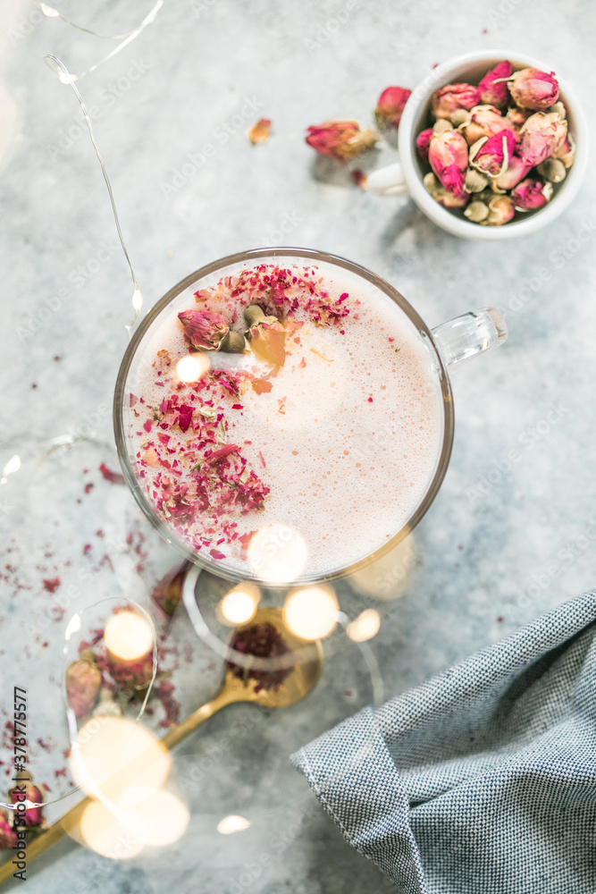 Pink matcha latte with milk. Trendy beverage. Christmas drink Pink matcha latte with milk. Trendy beverage. Christmas drink
