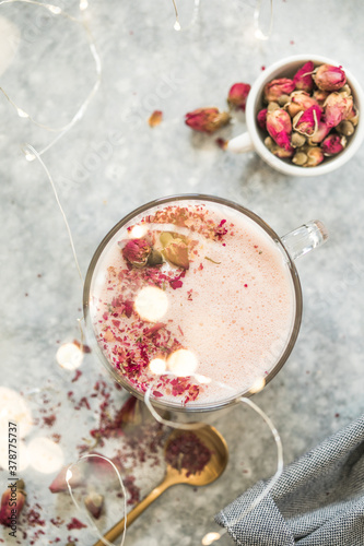 Pink matcha latte with milk. Trendy  beverage. Christmas drink