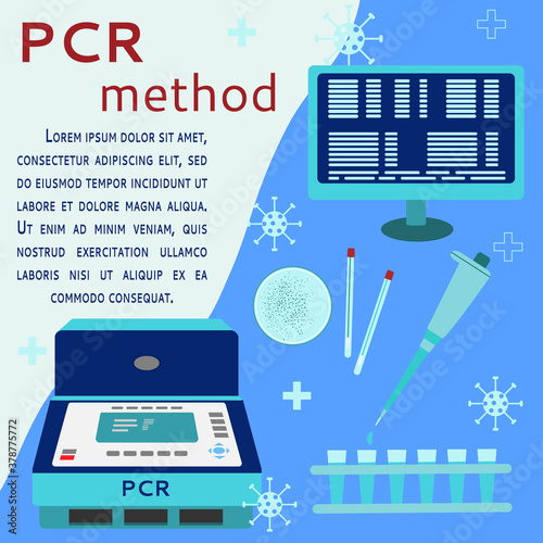 Laboratory equipment: PCR amplification smear, computer, automatic pipette, test tubes, Petri dish. The concept of the PCR technique. flat vector illustration. Place for text