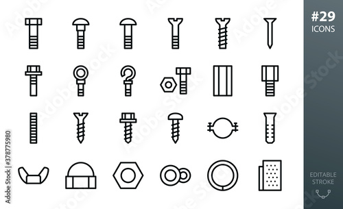 Metal Construction Hardware icon set. Set of bolts, nuts, screws, lock washer, pvc dowel, pipe clamp, roofing screw, steel ring anchor bolt, furniture euro screw, metal nail isolated vector icons