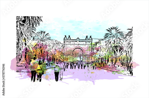 Building view with landmark of Barcelona is a city on the coast of northeastern Spain. Watercolor splash with hand drawn sketch illustration in vector.