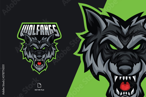 angry grey wolf head mascot character cartoon for sport game team logo illustration