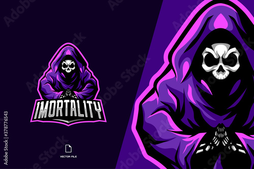 purple skull skeleton witch character mascot for game sport team