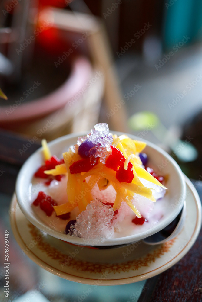 Red Rubies Dessert (Tub Tim Grob) Thai dessert with jackfruit ,water chestnut and coconut milk