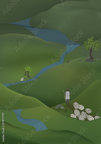 Shepherd found lost shep. Herdsman with his herd standing among green hills.