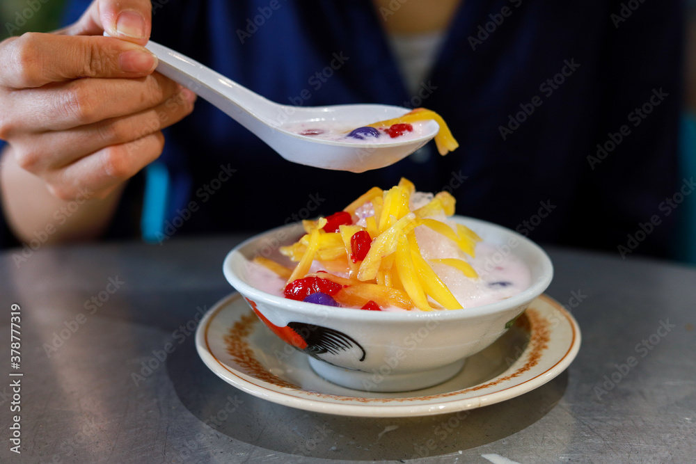 Red Rubies Dessert (Tub Tim Grob) Thai dessert with jackfruit ,water chestnut and coconut milk