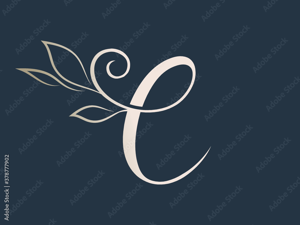 Letter C logo with decorative swirl leaf elements.Ornamental calligraphy lettering sign.Metallic alphabet initial icon isolated on dark background.Elegant,organic,luxury,beauty style character shape.