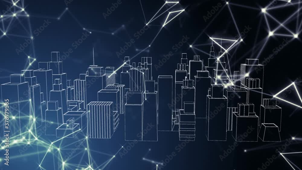 3D city model spinning against network of connection on blue background