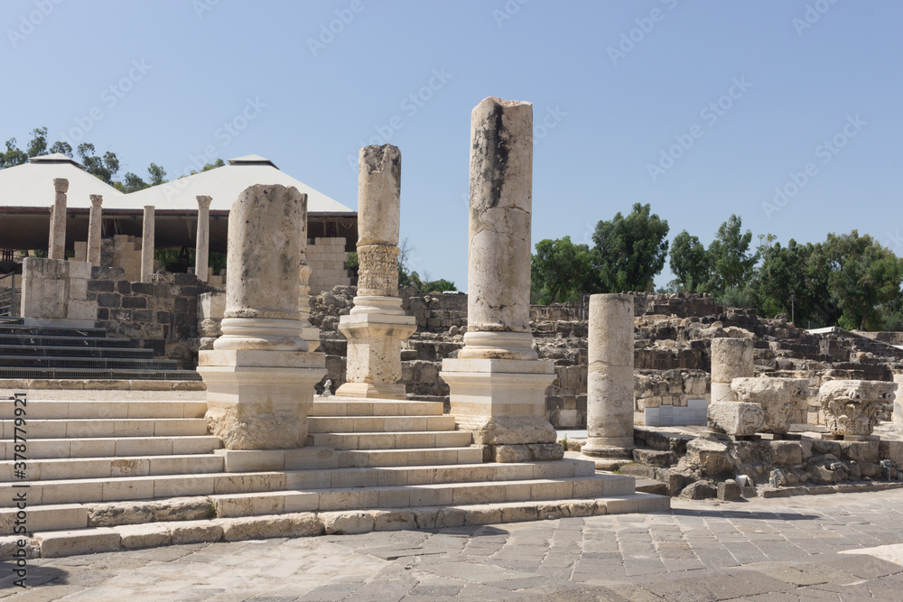 Ruins of ancient roman columns in Beit Shean, Israel.