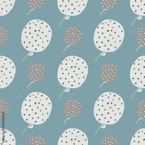 Light and dark grey balloons dotted ornament seamless pattern. Blue pale background. Birthday print.