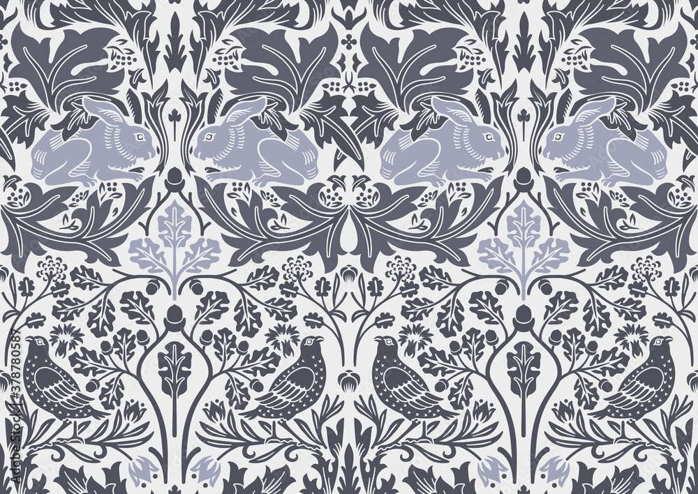 Hand drawn seamless pattern ornament with hare and bird in foliage. Vector illustration. Hand drawn seamless pattern ornament with hare and bird in foliage. Vector illustration.