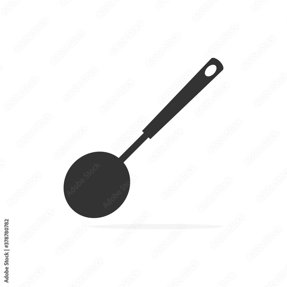 Large spoon with shadow vector icon. Black outline cooking symbol illustration isolated on white. Ladle silhouette kitchen equipment. Large spoon with shadow vector icon. Black outline cooking symbol illustration isolated on white. Ladle silhouette kitchen equipment.