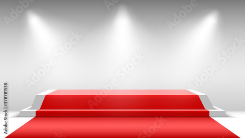 Podium with red carpet and spotlights. Blank pedestal. Stage for awards ceremony. Vector illustration.
