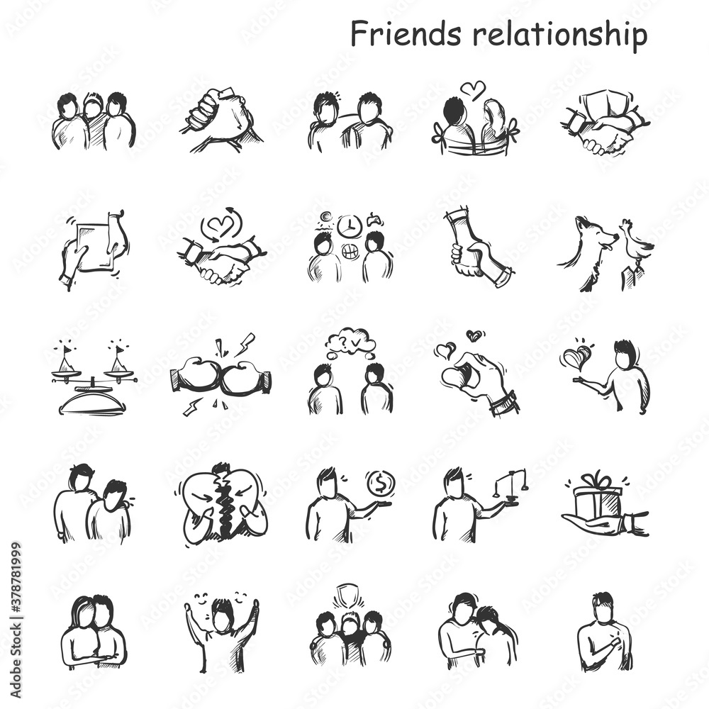 Friends relationship line icons set. Human values and characteristics. Emotions, traits and virtues in reliable relationship.Isolated vector illustrations