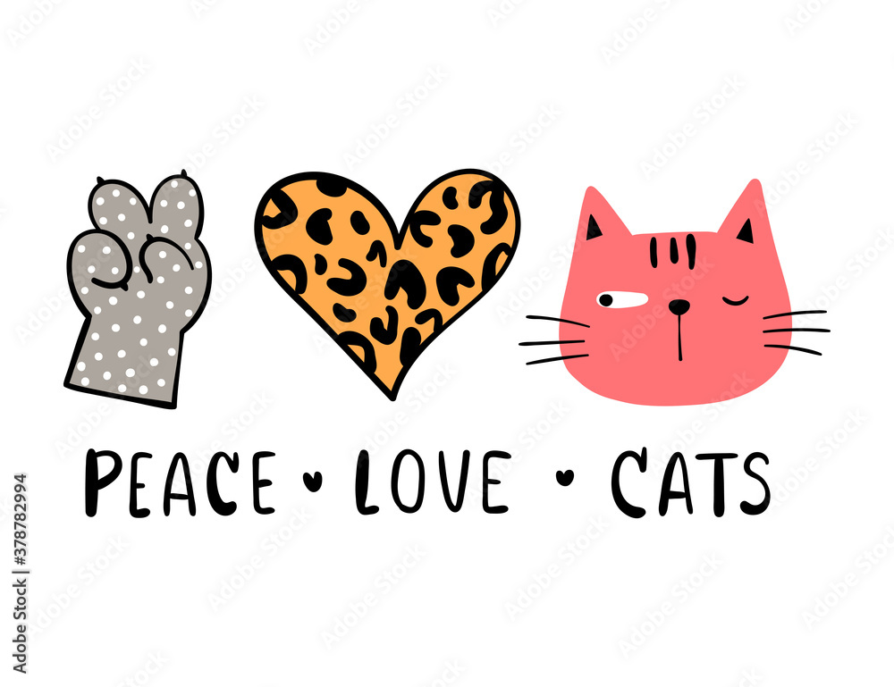 Draw peace love cat for cut file print on T shirt. Stock Vector