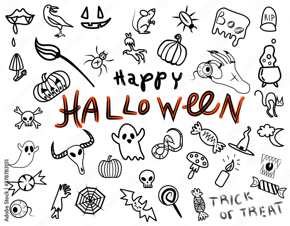 Set of Halloween doodle.Collection halloween and magic elements,trick or treat.Isolated vector on white background.