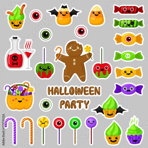 Cute halloween set candies stickers. Vector. Kawaii. Cartoon style. Traditional treats. Holiday symbols. Isolated on gray background. Funny sweets for the design of cards  notebooks  flyers.