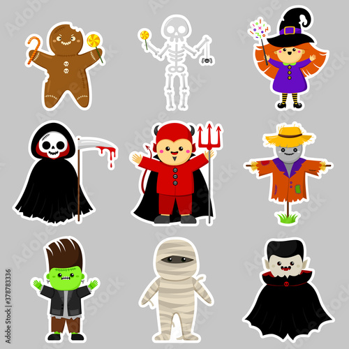 Set of cute Halloween characters stickers. Vector. Cartoon style. Kawaii. Festive symbols, costumes. Trick or treat. Funny illustration. For postcards, posters, flyers. Isolated on gray background.