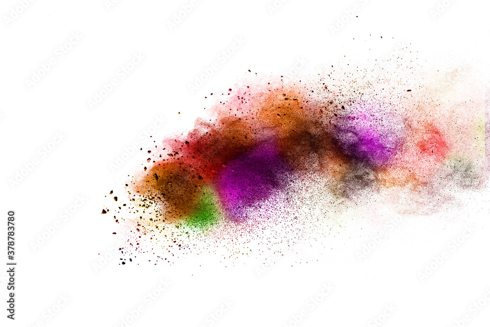 Abstract orange and red powder explosion isolated on white background.