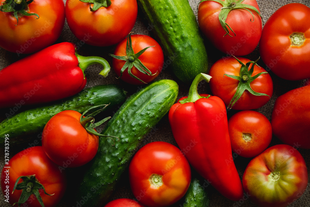 Food background. Colorful fresh summer vegetables. Set of ripe tomatoes, cucumbers and red peppers. Healthy food background. Concept of harvest. Vegetable composition