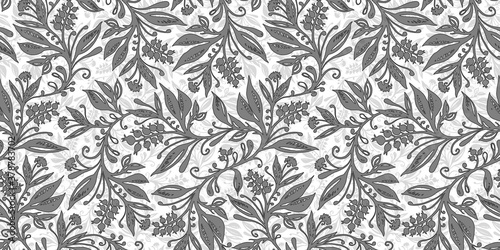 Floral seamless pattern with leaves and berries in grayscale. Hand drawing. Background for title, blog, decoration. Design for wallpapers, textiles, fabrics.