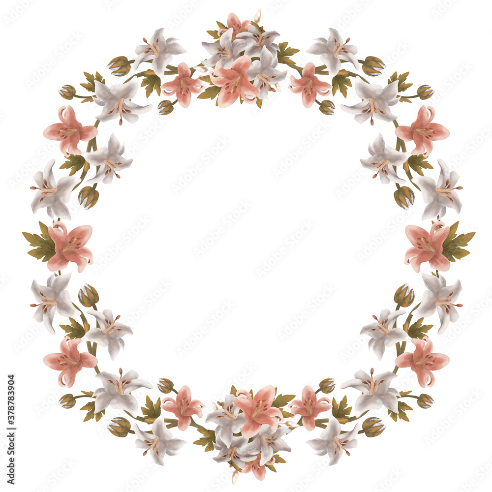 Raster flower wreath. Floral illustration on white background. Botanical image can be used for wedding invitation, design template, greeting card, patterns fill.
