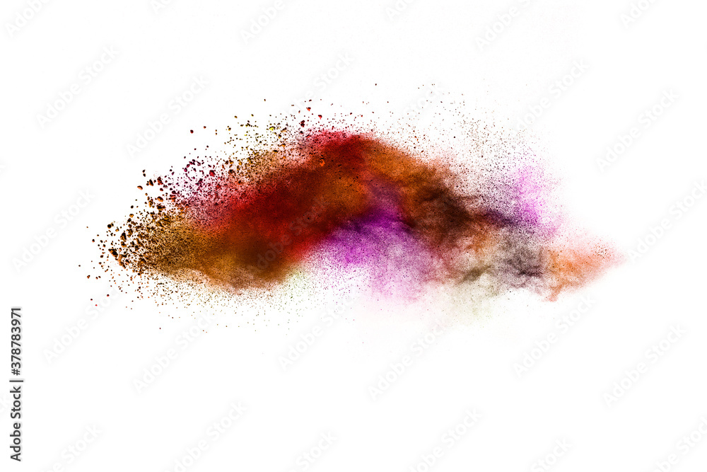 Abstract orange and red powder explosion isolated on white background.