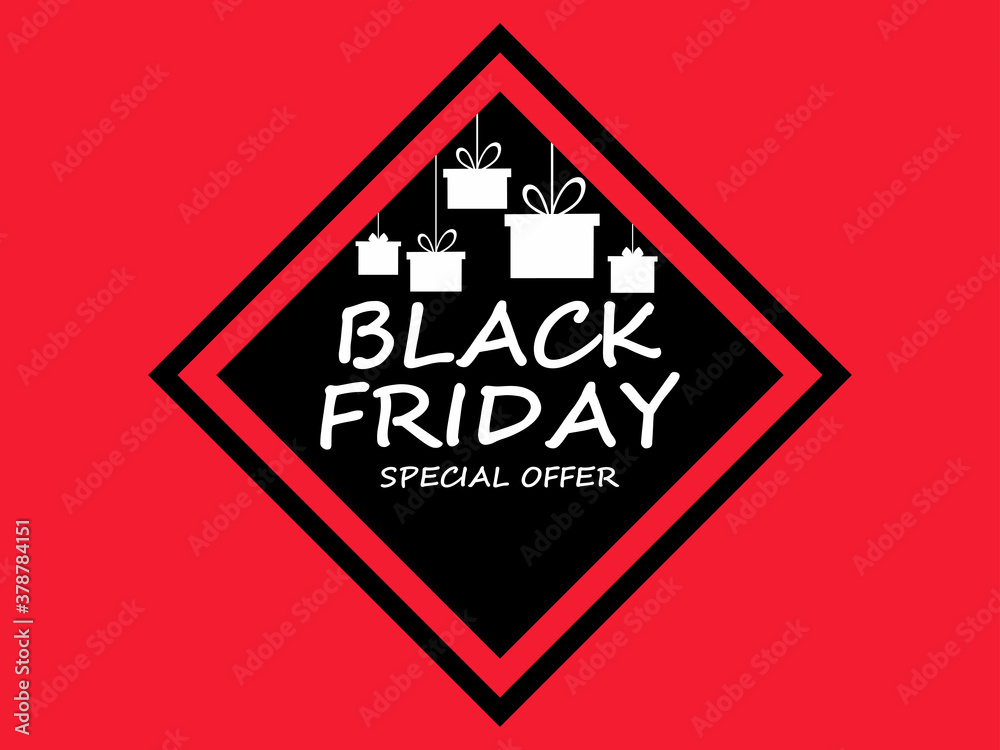 Black Friday special offer. Hanging gift boxes with bows in frame. Design for promotional items, banners, flyers and gift cards. Vector illustration