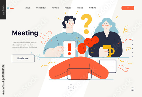 Business topics -meeting, web template, header. Flat style modern outlined vector concept illustration. People discussing a project. Tablet, question and exclamation marks, FAQ. Business metaphor