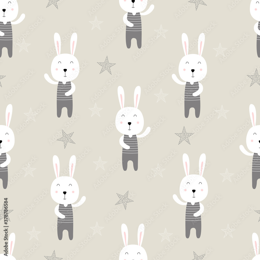 Seamless pattern with a cute little rabbit Cute cartoon hand drawn background in childrens style For fabric, textile, wallpaper