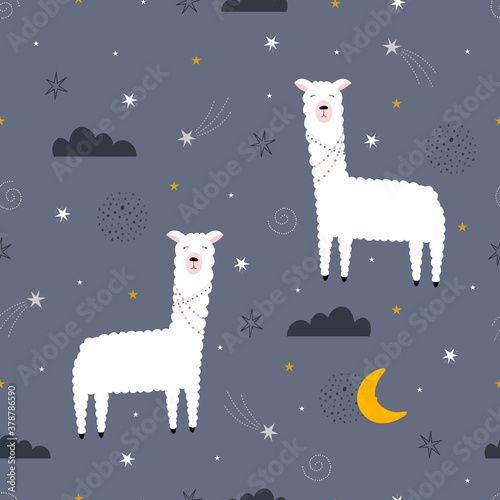 Seamless pattern with llama and stars Hand drawn cute cartoon background in childrens style for fabric textile wallpaper