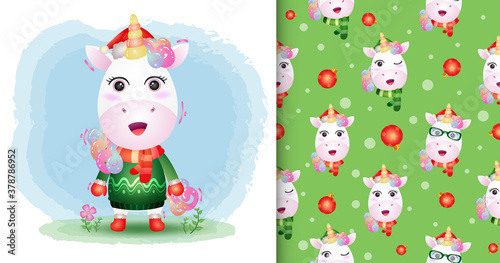 a cute unicorn christmas characters collection with a hat  jacket and scarf. seamless pattern and illustration designs
