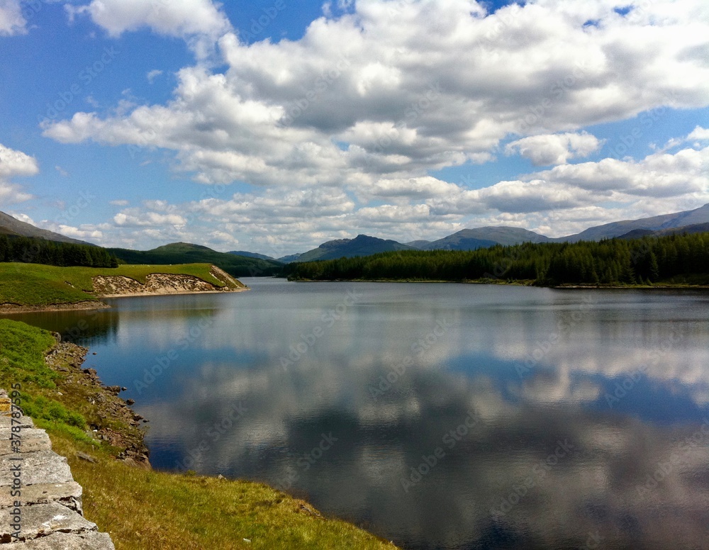 scottish landscape with lake and mountains