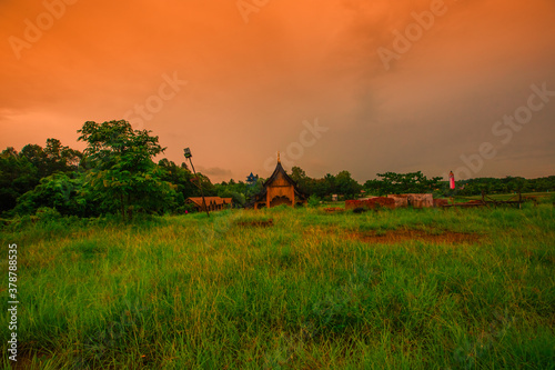 Natural panoramic lakeside nature background, beautiful twilight sunset, blurred meadow wind. Cool weather in the viewpoint or tourist attraction