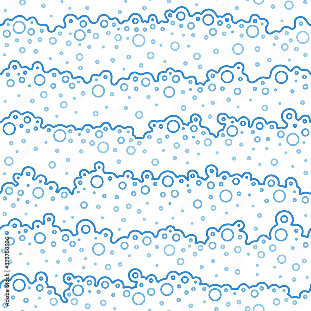Soap bubbles. Sea and ocean waves. Seamless pattern blue. Cleaning concept. Water background. Wavy seacoast with bubbles. Design prints. Blue river backdrop. Summer seascape. Vector Soap bubbles. Sea and ocean waves. Seamless pattern blue. Cleaning concept. Water background. Wavy seacoast with bubbles. Design prints. Blue river backdrop. Summer seascape. Vector