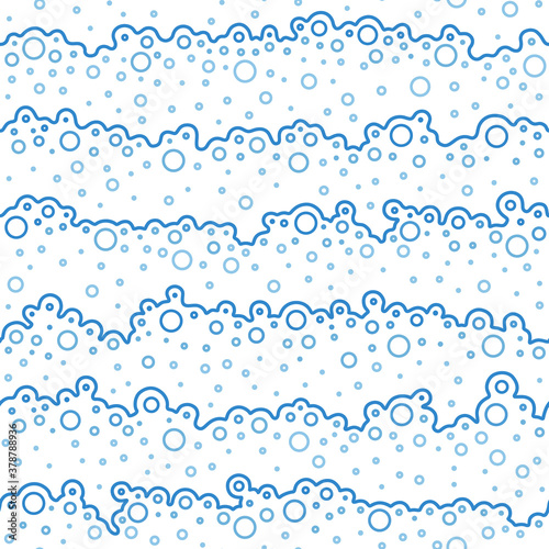 Soap bubbles. Sea and ocean waves. Seamless pattern blue. Cleaning concept. Water background. Wavy seacoast with bubbles. Design prints. Blue river backdrop. Summer seascape. Vector