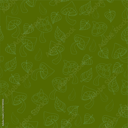 Cartoon autumn mushroom, leafs and raindrops monochrome seamless pattern. Fall vector illustration template in green color scheme for games, allpaper, decor. Print for fabrics and other surfaces
