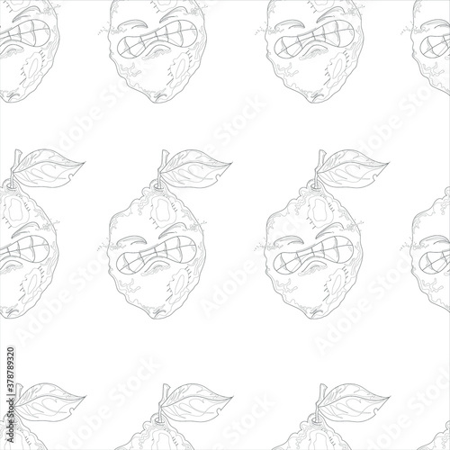 Cartoon lemon character get zest seamless pattern. Vector illustration template in black and white for games, background, pattern, decor. Print for fabrics and other surfaces. Coloring paper, page, bo