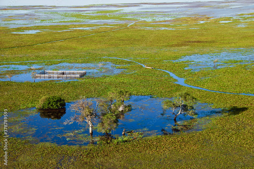 Vista aérea de fazenda no período da da cheia do Pantanal de Barão de Melgaço.