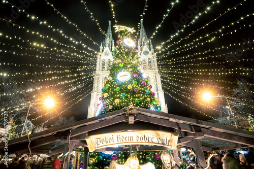 Photography famous Christmas winter holiday markets on the Náměstí míru (Peace square) in th