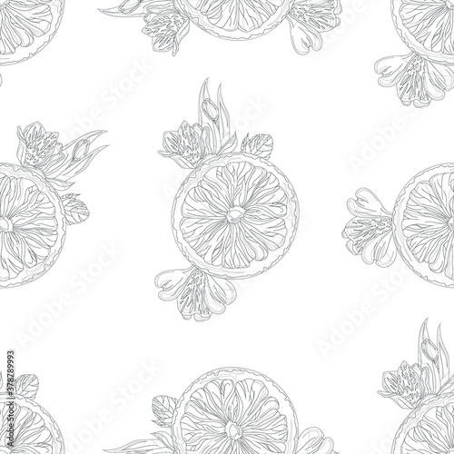 Cartoon orange slices with flowers seamless pattern. Vector illustration template in black and white for games, wallpaper, decor. Print for fabrics and other surfaces. Coloring paper, page, book