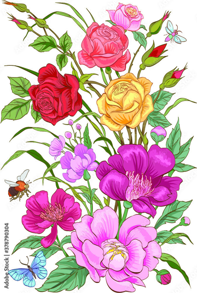 Vector flowers.Bouquet of roses and peonies