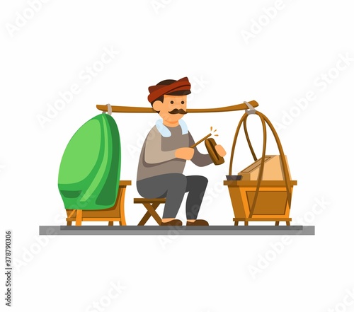 Man selling tahu gejrot or empal gentong is traditional food from Cirebon, Indonesia concept cartoon flat illustration vector on white background photo