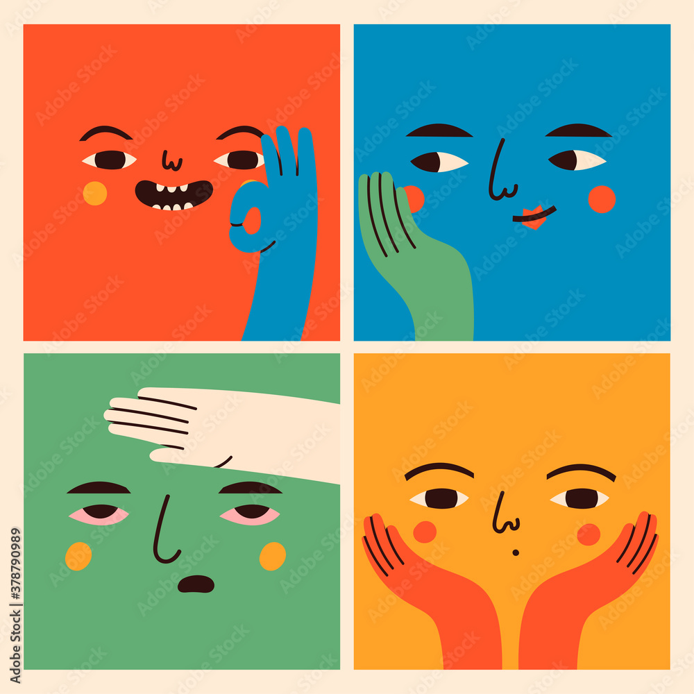 Square abstract comic Faces with various Emotions and hand gestures ...