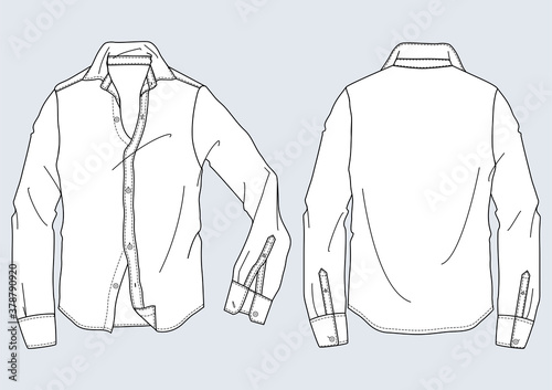Camicia uomo manica lunga disegno piatto sketch fashion illustration fronte e retro mock up vettoriale