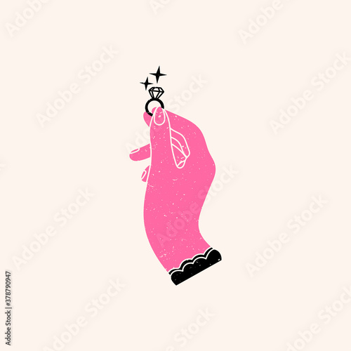 Graceful Female hand holding and showing the Ring with a sparkling Diamond. Close up look. Wedding, jewelry, engagement concept. Hand drawn trendy colored Vector illustration. Isolated drawing