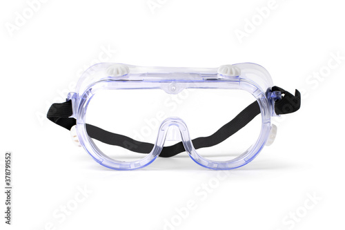Clear safety glasses isolated on white. Safety ideas for workers or general staff